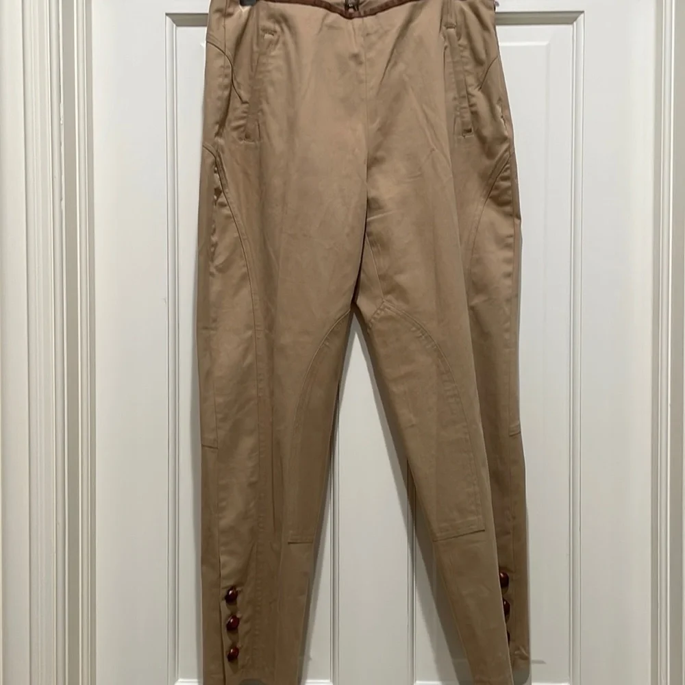 Faconnable Cotton Lycra Leather Tan Pants Sz 6 Beautifully Tailored